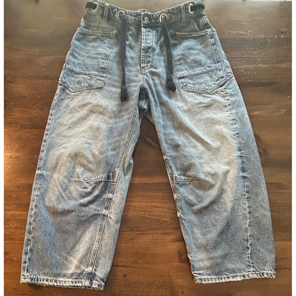 We The Free Barrel Leg Jeans 31 Light Blue Drawstring Button Fly Gorpcore Boho